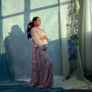 Mellen Mauve Floral Print Cut-Out Ruffle Lace Maxi Dress